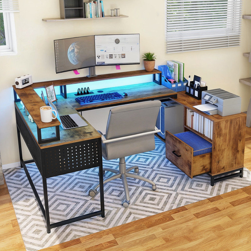 The Twillery Co. Waterbury U Shaped Computer Desk with Power Outlets LED Lights Reviews Wayfair